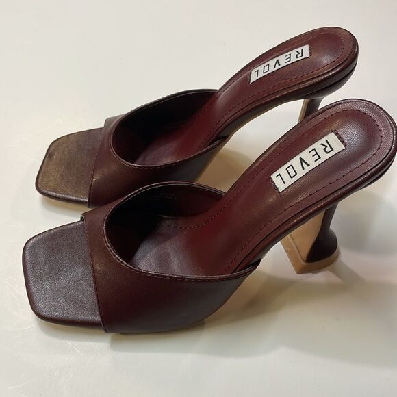 Revol Burgundy Square Toe Slip-On Heeled Mules Sculpted Heel Sandal Women’s Sz 7 - Picture 4 of 10